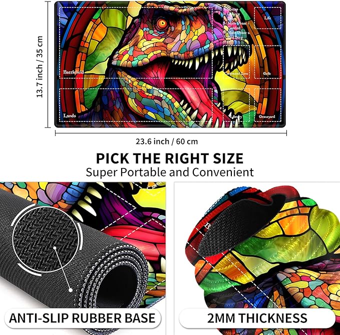Playmat with Zones for MTG Card Game Playing, Tabletop Magic Play Mat 24"x14" Commander Deck Gaming Desk Duel Mat for Beginner, Stained Glass Retro T-Rex