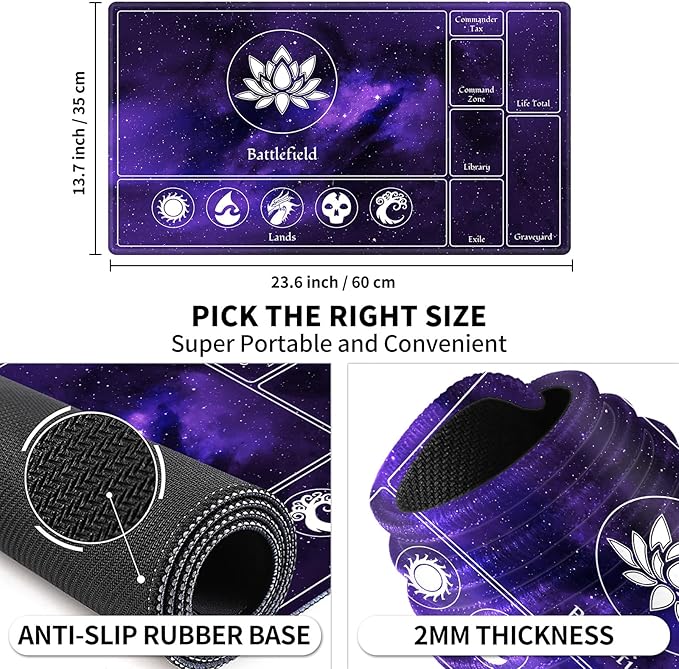 MTG Playmat Stitched with Magic Zone for MTG Card Game Playing, Commander Board Game Desk Mat Duel Mat Card Battles Binder Deck 24x14inches for Beginner, Galaxy Purple Mana
