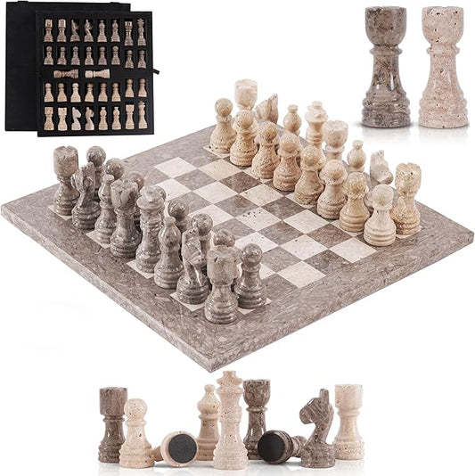 Marble Chess Set 12 Inch Handmade Oceanic & Travertine Board Game with Storage Box, Classic Travel Chess Set for Adults with Pieces & 2 Extra Queens, Elegant Gift & Home Décor