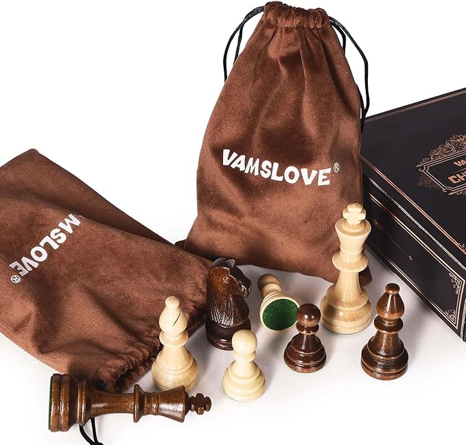 Vamslove Wooden Heavy Weighted Chess Pieces Only-3.8'' King-Extra 2 Queens-34 Wood Tournament Chessmen for Chess Set,Velvet Storage Bags Included