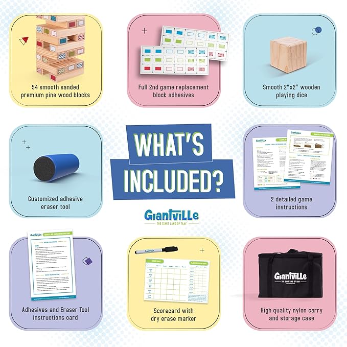 Giantville Giant Tumbling Timber Toy - Premium Pine Wood Life-Size Blocks Tower - Big Floor/Board Indoor/Outdoor Yard Game for Kids & Adults - 54-Blocks + Storage/Carry Bag - Grows Almost 4-Feet