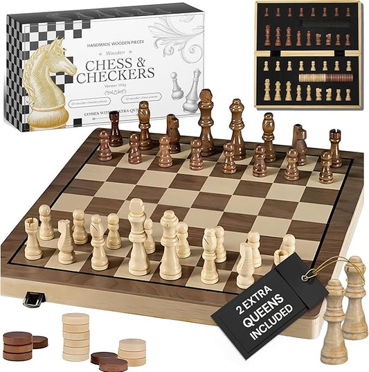 PlayVibe Wooden Chess Set 15'' & Checkers Board Games for All Players with 2 Extra Queens - Handmade Classic Wooden Chess Board, Portable & Folding Playtime Boards, Beginner & Professional Use