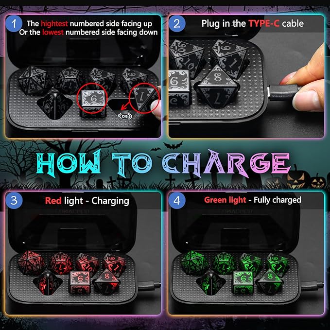 Light Up DND Dice Set Rechargeable with Charging Case for Dungeons and Dragons LED Dice Set D and D 7 Color Polyhedral Role Playing RPG Dice for Tabletop DND Gifts (Pumpkin RGB)