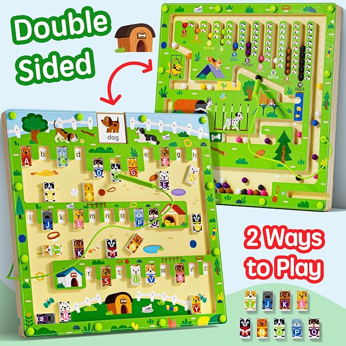 2 in 1 Magnetic Color and Number Maze Magnet Alphabet Counting Dog Puzzle Double Sided Board Fine Motor Skills Montessori Educational Preschool Toys for Boys and Girls 3-5 Age (Wood, One Size)