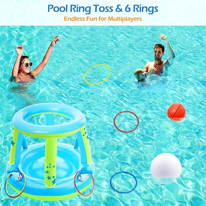 Jasonwell Pool Toys Games Set - 3 in 1 Pool Volleyball Net Basketball Hoop Ring Toss Game Inflatable Floats Water Floating Volleyball Swimming Pools Party Game Accessories Toy Gift Kids Teens Adults