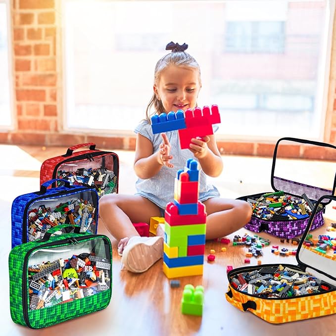 5 PCS Toys Storage Bags for kids,Travel Organizer Pouch Case for Lego Bricks, Puzzles, Building Blocks,Waterproof Colorful Print Design with Handle (Half-Transparent)
