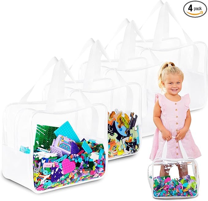 4 Pack Extra Large Toy Storage Clear Bags with Zipper 12"x10"x7" Clear Plastic Bins with Handle, Toy Organizer for Kids playroom, Blocks, Clothes, Stuffed Animal Storage