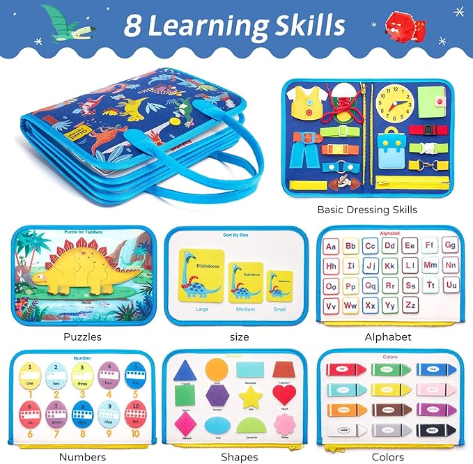Busy Board Sensory Toys for Toddlers 1 2 3 4, Toddler Travel Activities Educational Toys, Montessori Toys for 2 3 4 Year Old Boys Girls Gift, Dinosaur
