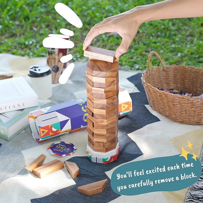 BSIRI Octa Tumbling Tower Game - Wooden Stacking Game, Outdoor Games for Adults and Family, Ideal for Game Night, Home Decor for Living Room, Classroom, Office