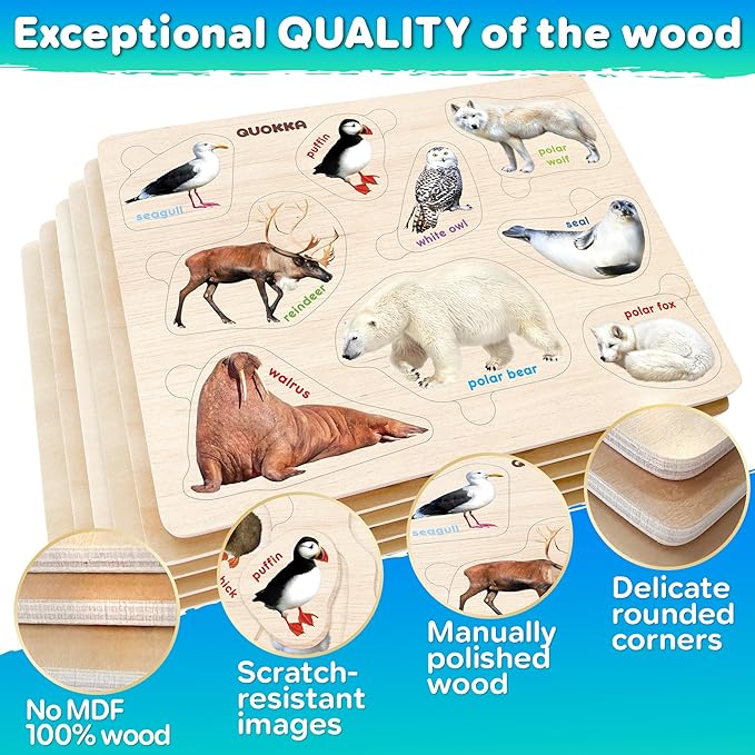 QUOKKA Toddler Puzzles Ages 2-4 in a Bag – 6 Montessori Wooden Puzzles for Toddlers 3-5 Year Old – Preschool Wood Game for Boys and Girls 4-6 – Gift for Learning Realistic Animals Fruits Vehicles