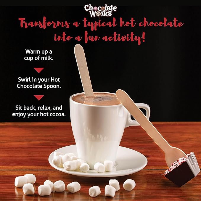 Hot Chocolate Spoons by Chocolate Works, Flavor Variety Pack - Belgian Dark Chocolate, Milk Chocolate & Marshmallows, Peppermint, Cocoa Bomb for Hot Chocolate