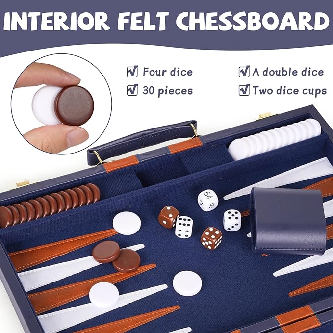 15 Inch Backgammon Sets for Adults ，Classic Family Board Game with Premium Folding Leather Backgammon Case, Portable Travels Strategy Backgammon Game Set