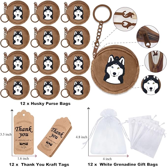 36 Pack Husky Change Purses Set Include 12 Husky Wallets with Keyrings,12 Thank You Tags and 12 Organza Bags for Dog Themed Pet Party Lets Pawty Baby Shower Birthday Decoration,Brown