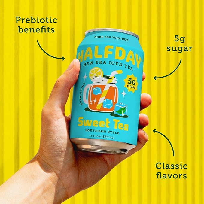 HALFDAY Prebiotic Sweet Tea Iced Tea Cans, Supports Digestive & Gut Health, 6g Plant Fiber & Prebiotics, 5g of Sugar, 35 Calories, Organic Tea, Natural Caffeine, Gluten Free, Keto, 12 fl oz (12 pack)