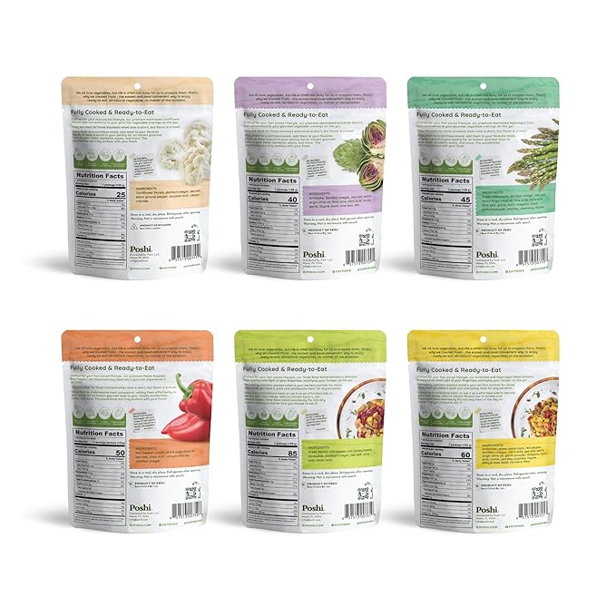 POSHI Marinated Vegetables Variety Pack | All Natural, Fully Cooked, Ready-to-Eat, Keto, Vegan, Paleo, Non GMO, Low Calorie, Gluten Free, Pentry Food, Gourmet, Healthy (6 Pack)