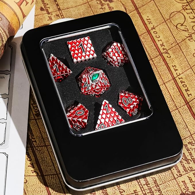 Dragon Eye Metal Dice Set - 7 Pcs Dragon Scale Metallic D&D Dice, Gift Box (Red Dragon Scale & Green Eye)
