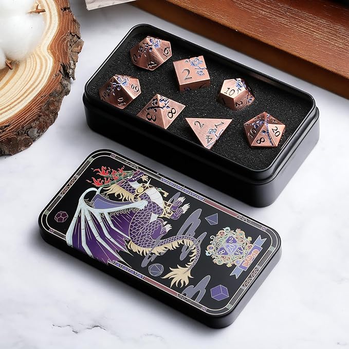 DNDND Metal Dice, 7 PCS Heavy Solid Metallic Flower DND Dice Set with Gorgeous Gift Case for D&D Dungeons and Dragon Tabletop Game (Ancient Copper)
