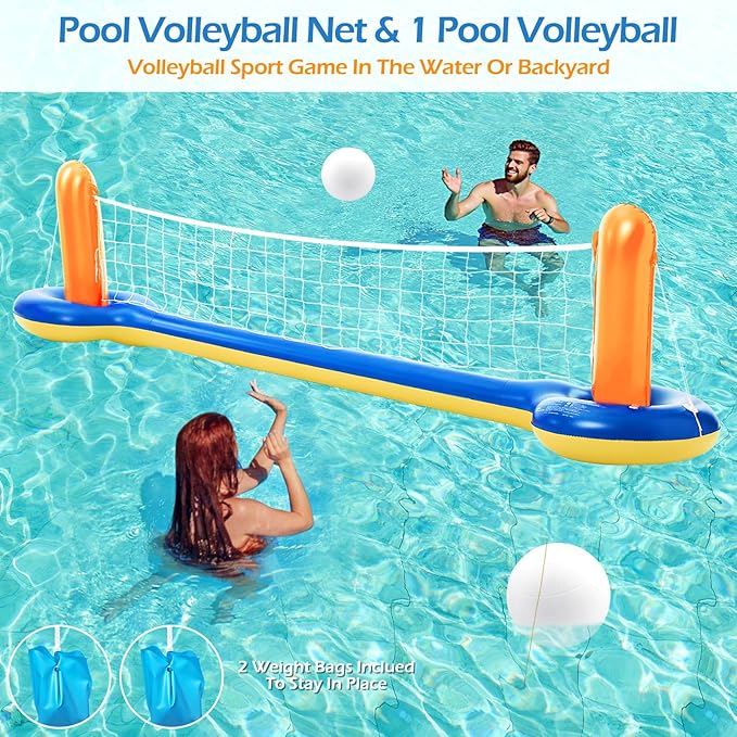 Jasonwell Pool Toys Games Set - 3 in 1 Pool Volleyball Net Basketball Hoop Ring Toss Game Inflatable Floats Water Floating Volleyball Swimming Pools Party Game Accessories Toy Gift Kids Teens Adults