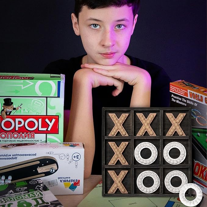 GENMOUS Wooden Tic Tac Toe Game Board for Seniors Family Indoor Game, 10.6 Inch Black Rustic Giant Tic Tac Toe Coffee Table Decor, Tic Tac Toe Board Game Fun for Family Travel Outdoor Game Room Decor