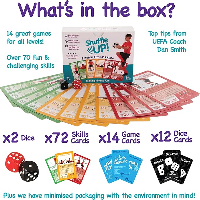 Shuffle Up Soccer Card Games - 70+ Fun & Active Skills Cards for Kids, Fitness Cards Develop Fundamentals, Stamina & Strength, Easy to Play for Kids | Multiple Skill Level Cards Include 2 Dices