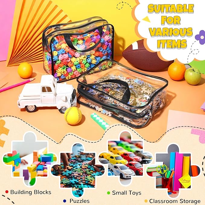 Sanwuta 4 Packs Large Toy Storage Bags Reusable Clear PVC Organizing Case Bags with Two Handles Waterproof Toy Container for Board Games, Building Blocks, Puzzles, Small Toys and Kids Books(Black)