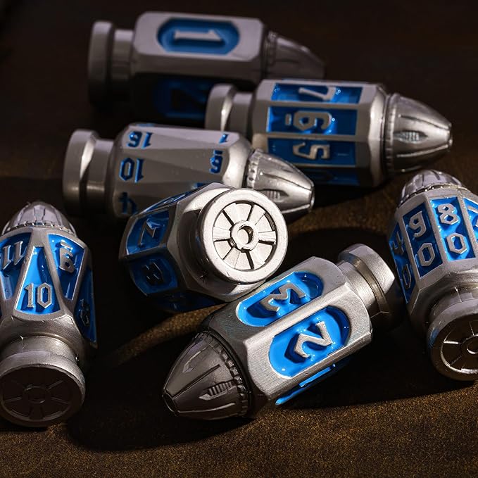 UDIXI Metal DND Bullet Dice Set with Unique Container, 7-Die Solid Metal Polyhedral Dice Set for D&D, Role Playing Game or Other Tabletop Games（Nickel Blue）
