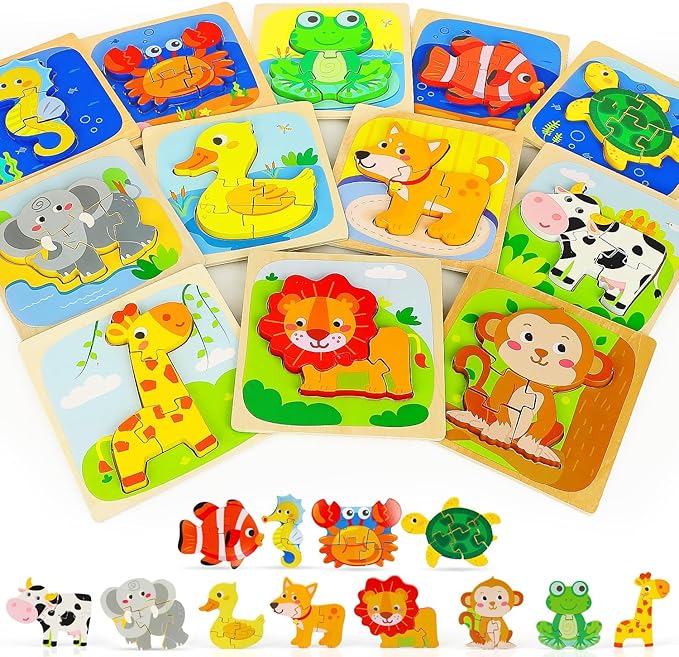 TOY Life Wooden Puzzles for Toddlers 2-4, Toddler Montessori Toys for 1 2 3 Year Old Boys Girls, Animals Wood Jigsaw Puzzles, Educational Learning Toy Kids Puzzle, Best Gifts for Baby Age 1-3 2-4