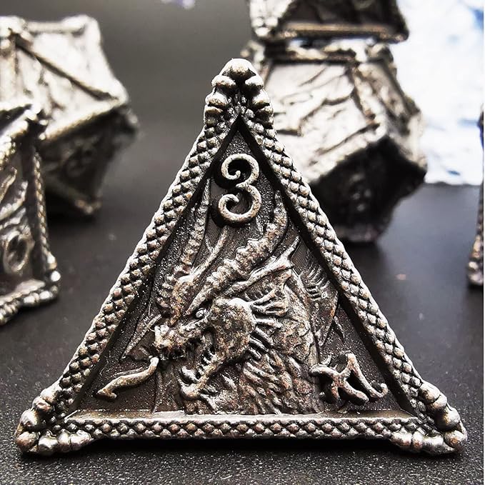 HAOMEJA Metal Dragon Dice Set - 7 Solid Dice for D&D & Dungeons and Dragons (Antique Iron)