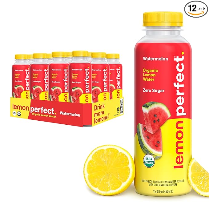 Lemon Perfect Watermelon, Flavored Lemon Water, Organic, Zero Sugar, Healthy Hydration Drinks, 15.2 fl oz Bottles (12-Pack)