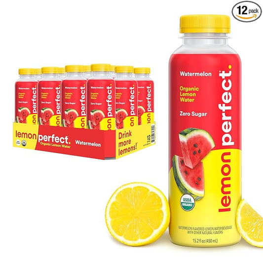 Lemon Perfect Watermelon, Flavored Lemon Water, Organic, Zero Sugar, Healthy Hydration Drinks, 15.2 fl oz Bottles (12-Pack)