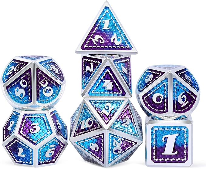 Dragon Scale Metal Dice Set D&D, DNDND 7 PCS Metallic Dungeons and Dragons with Gift Metal Case DND Dice (Blue and Purple with Silver Edge)