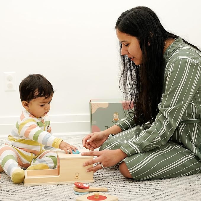 Montessori Toy Set 7-8 Months Infant Toys - Object Permanence Box, Baby Led Weaning, Feeding Set, Wooden Sensory Musical Instruments, Puzzle, Board Book, Flash Cards, Gifts Basket