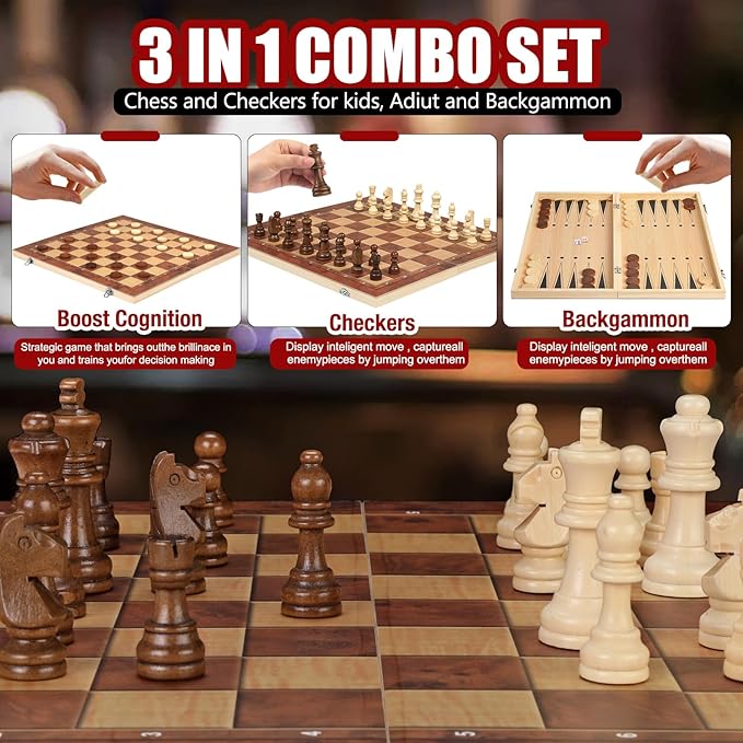 Chess Checkers Backgammon 3-in-1 Board Games Sets, Wooden Chess Set for Adults & Kids, 17.2" Lightweight Checkers Board Game,Strategy Backgammon Sets for Adults, Travel Chess Board Game Pieces Storage