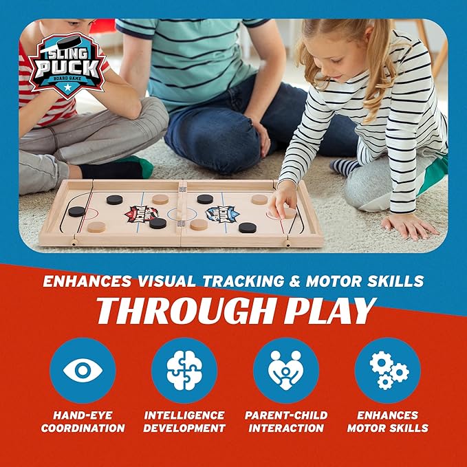 Fast Sling Puck Table Board Game I Wooden Family Indoor Two Player, Table Games for Family - Top Hockey for Adults & Kids, Competitive Parties for Fun