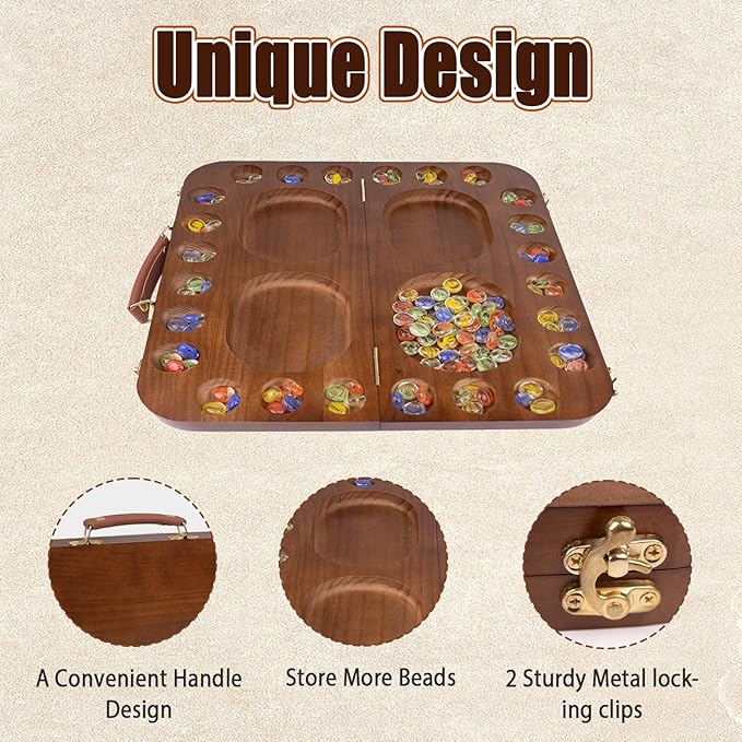 4 Player Wooden Mancala Board Game,4 Player Mancala Board Game Set, Great Glass Beads,Classic & Portable Marble Game for Family Game Night and Travel Game