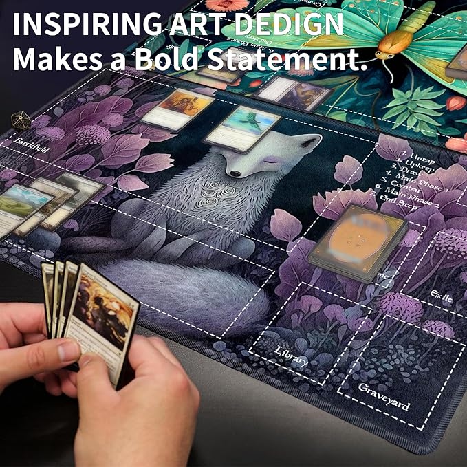 Playmat - 24" x 14" Game Mats for MTG/TCG Cards, Stitched Commander Deck Gaming Desk Mat, Fox Floral