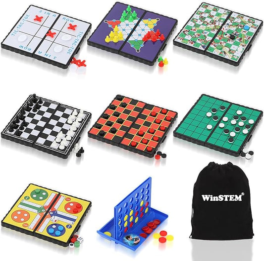 8-in-1 Mini Travel Board Games Set, Magnetic Checkers Game with Folding Magnet Board, 4 in a Row Game, 5.2'' Compact Design Ideal for Family/Road Trip/Travel/Camping Party, Included Storage Bag
