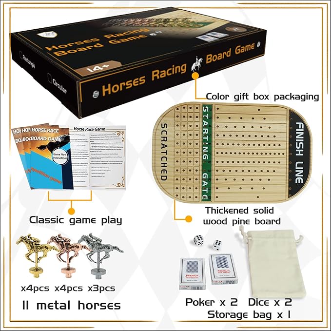 Horse Race Board Game Racing Game Thickened Solid Wood with 11 Luxurious Durable Classic Metal Horses with 4 Dice and 2 Boxes of Cards Horse Racing Game (Log Color, Oval)…