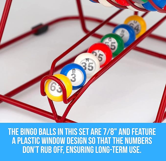 Regal Bingo Professional Bingo Game Set with 11" Wheel Cage, 75 Bingo Balls, Master Board, 18 Bingo Cards & 25 Jumbo Reusable Cards, and Colorful Chips - Bingo Games for Adults Large Group - Red