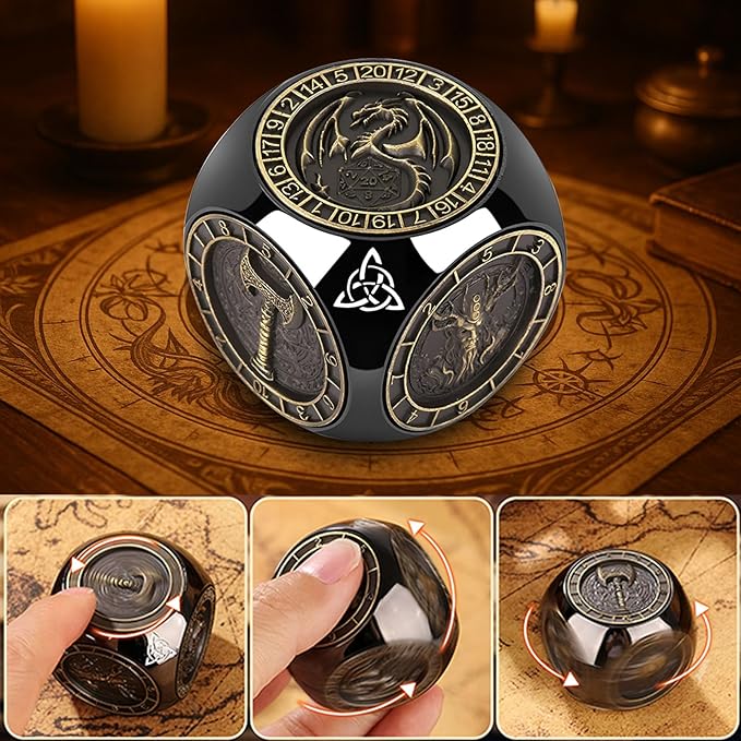 2025 New DND Spinner Dice for Dungeons and Dragons Gifts, 7-in-1 Metal Dice Set with 3D Relief, Polyhedral Roleplaying Game Dice, Fantasy D&D Tabletop RPG Accessories for DM & Player (Black-Gold)