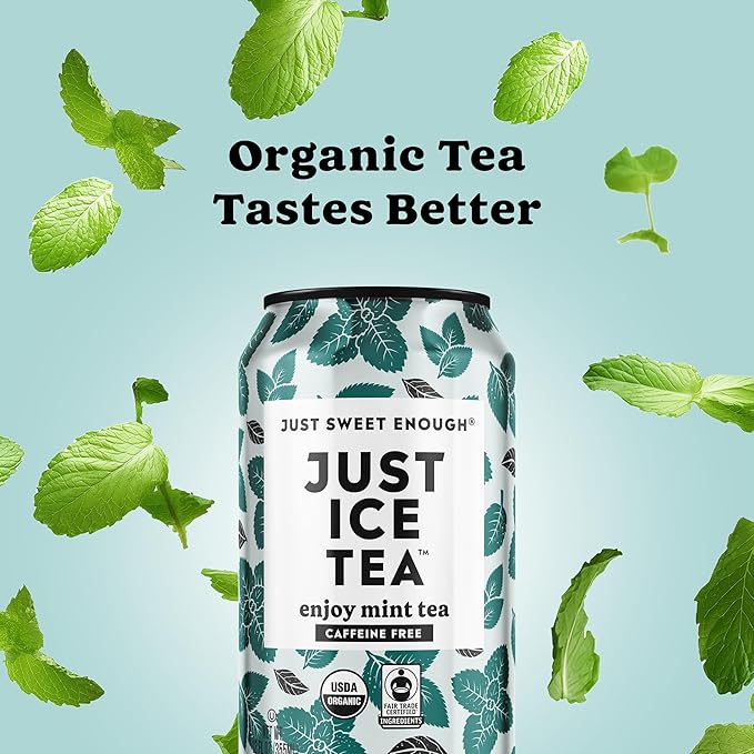 Just Ice Tea, Enjoy Mint Iced Tea, 12-Pack (12oz Cans), Caffeine Free Herbal Tea, USDA Certified Organic, Real Brewed, Low Calorie, No Artificial Sweeteners, Fair Trade, Made in USA.