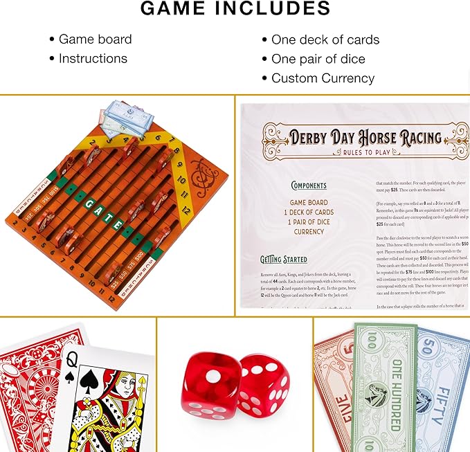 Derby Day | Horse Racing Board Game | Family and Adult Vintage Race Game Great for Parties and Low-Stakes Gambling | Includes Game Board, Deck of Cards, Pair of Dice and Paper Currency