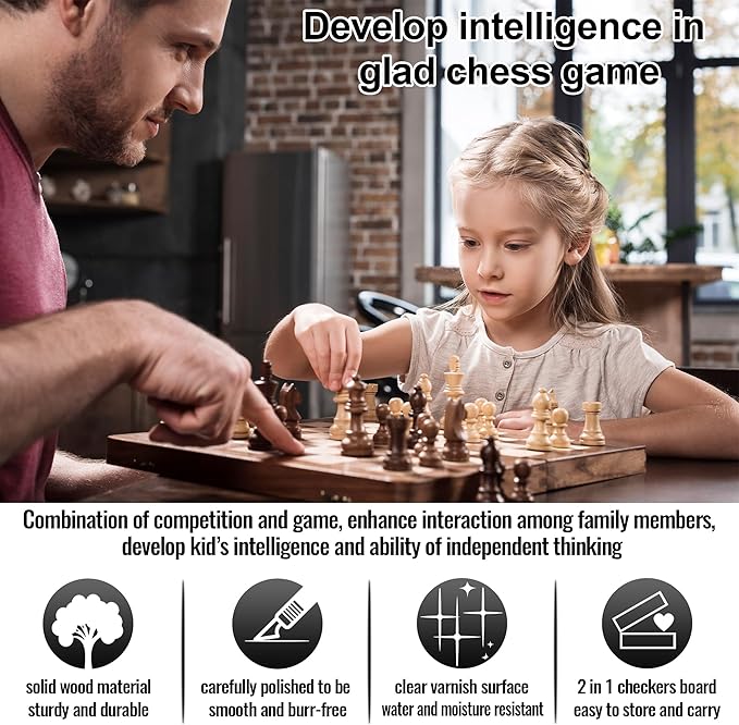 Magnetic Wooden Chess & Checkers Board Game - 15" Folding Chess Board(2 in 1)- Handcrafted Chesspiece (includes 2 Extra Queens) and Storage Slots- Portable Travel Board Games for Adults Kids, 6 up Age