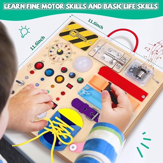 Busy Board,Montessori Toys for 1-3 Years Old, Wooden Toddler Toys, Autism Sensory Travel Toys, Ideal Gift for 1+ Year Old Boys (Busy Board Plus v3)