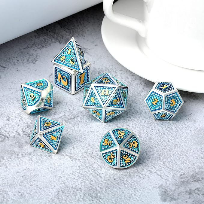 DNDND Dragon Skin Metal Dice Set, 7 PCS Metallic D&D Die with Metal Tin for DND Game (Azure with Silver Edge)