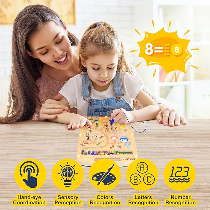 RichBoy Magnetic Maze for 3-5 Year Old, 2-in-1 Magnetic Color and Number Maze, Double-Sided Wooden Busy Board Fine Motor Skills Montessori Toys, Portable Travel Puzzle Game Toddlers Toys