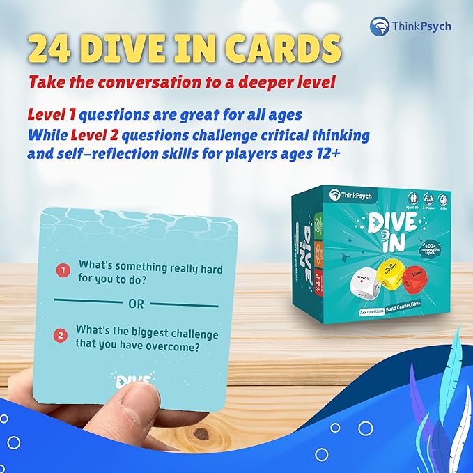 ThinkPsych Dive in - SEL Conversation Dice Game with 400+ Topics | Therapy Games for Kids & Teens | Social Emotional Learning for Home & School | Play Therapy & Counseling Toys | Ages 6-99