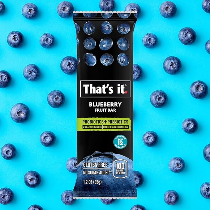 That's it. Probiotic Fruit Bar Variety Pack, Mango & Blueberry Flavors, Just Real Fruit + Probiotics, 100 Calories Per Bar, All Natural, 2-3 Ingredients, Shelf Stable, Allergy-Friendly (12 Count)