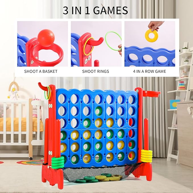 Giant 4 Row Game with Carrying Bag and Mesh Fabric .Giant 4-to-Score Game Set Suitable for Indoor and Outdoor Holiday Parties and Family Gatherings.（red）