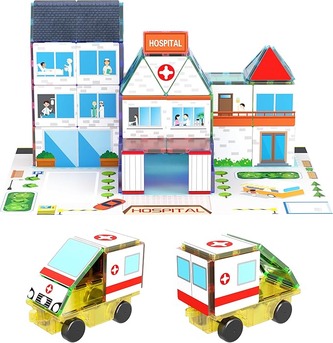 PicassoTiles 3-in-1 Theme Set School Hospital Police Station Magnet Self Adhesive Backing Stick-On Sheet Combo w/Car Magnet Building Block Playset STEM Learning Construction Brain Development Kit